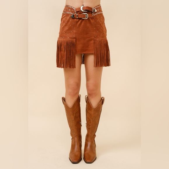 Blue B Dresses & Skirts - Double Belted Star Studded Suede Fringe Mini Skirt